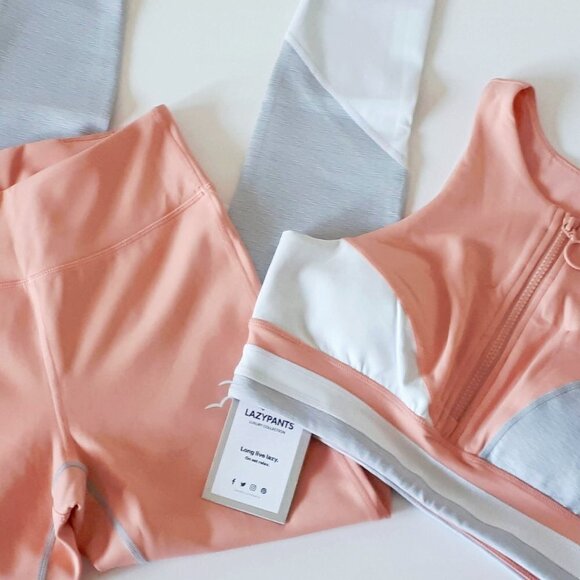 NWT Lazypants coral pink peach, grey & white sports bra top & leggings bundle - Picture 2 of 13